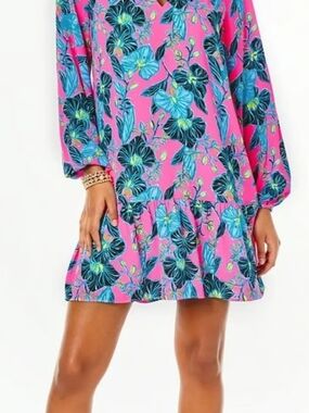 Floral Shift Dress in Pink with Blue Blossom Print